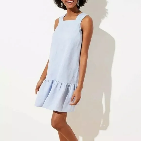LOFT | Dresses | Loft Linen Blend Square Neck Flounce Dress Blue Medium Nwt  | Poshmark